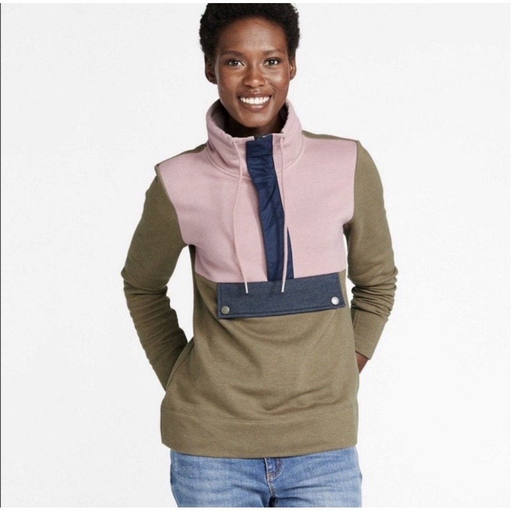 LL Bean Sweatshirt Anorak Signature 1/2 Zip Pink Brown Sweater Womens Sz Small